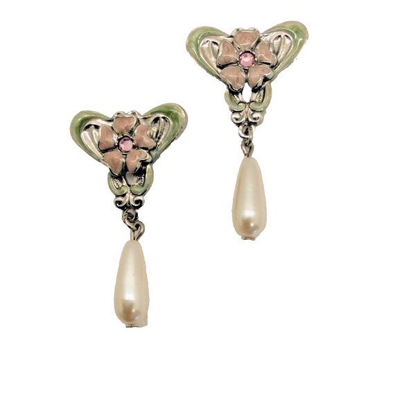 Enameled Floral Pearl Drop Earrings NWOT - Picture 3 of 3